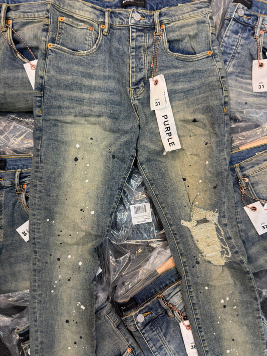 Purple Brand Slim Stretch Ripped Jeans Mid Indigo Destroy Paint