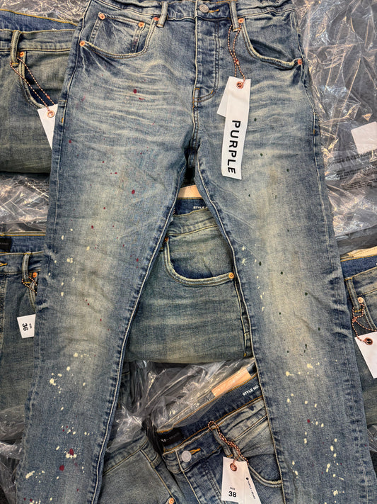 Purple Brand Paint Splatter Slim Jeans Vintage Spotted Indigo